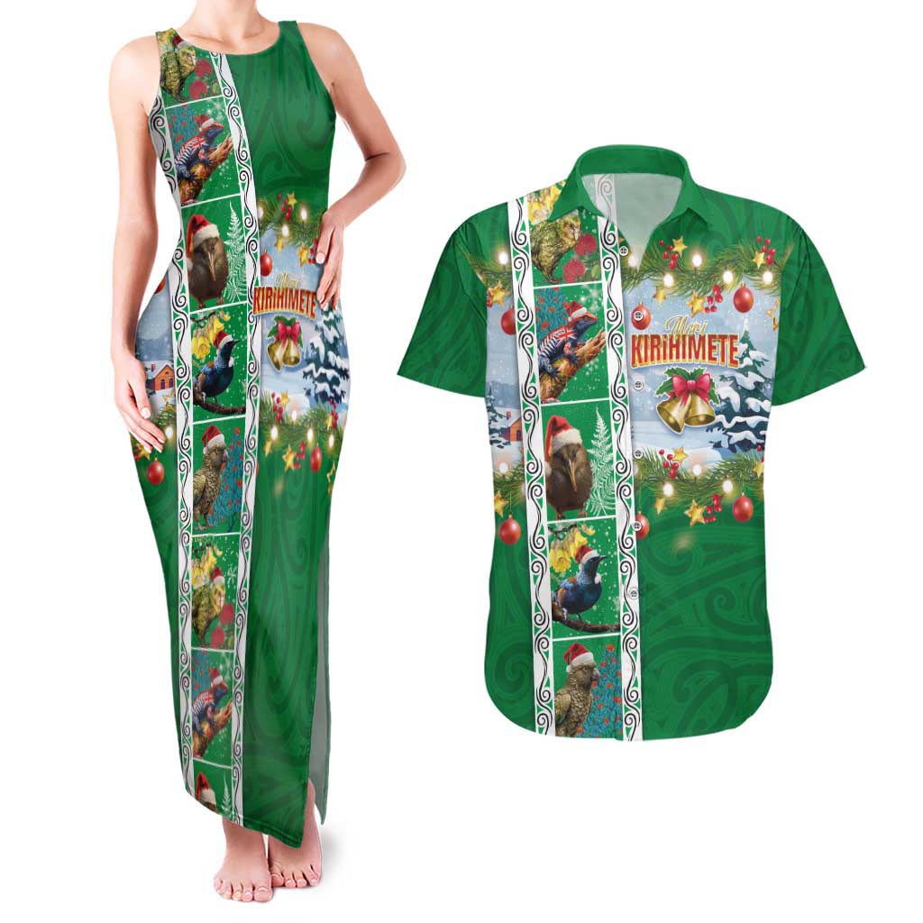 New Zealand Merry Christmas Couples Matching Tank Maxi Dress and Hawaiian Shirt Maori Animals, Koru Tattoo - Green Xmas Style LT03 Green - Polynesian Pride