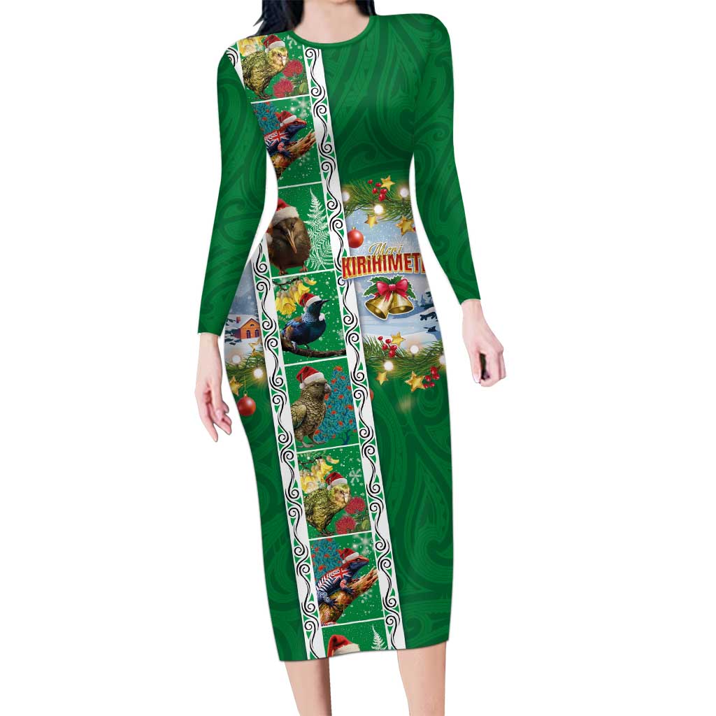 New Zealand Merry Christmas Family Matching Long Sleeve Bodycon Dress and Hawaiian Shirt Maori Animals, Koru Tattoo - Green Xmas Style LT03 Mom's Dress Green - Polynesian Pride