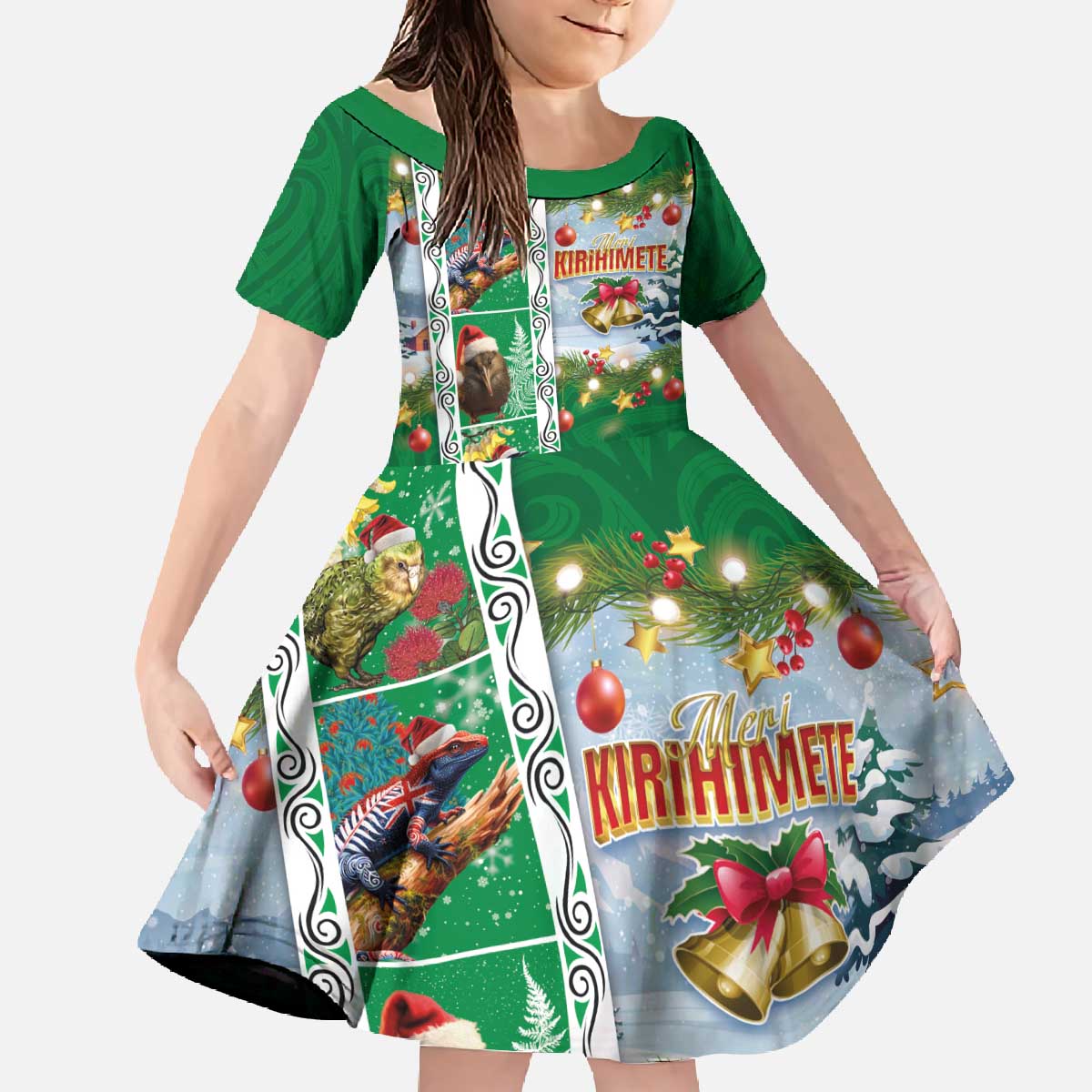 New Zealand Merry Christmas Family Matching Off The Shoulder Long Sleeve Dress and Hawaiian Shirt Maori Animals, Koru Tattoo - Green Xmas Style LT03 Daughter's Dress Green - Polynesian Pride
