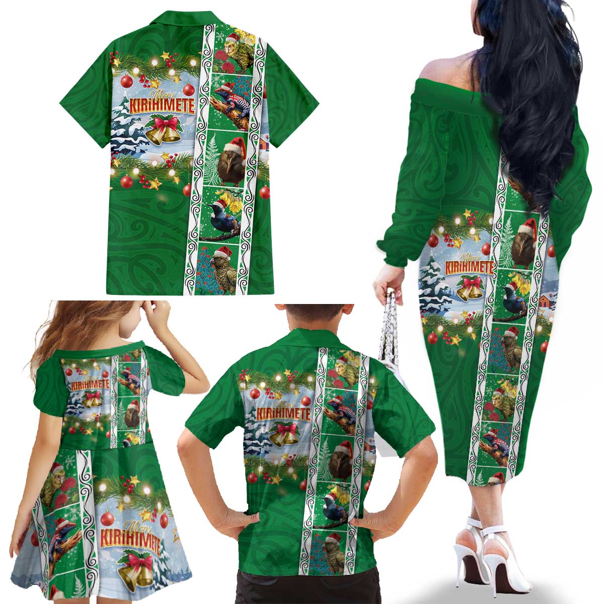 New Zealand Merry Christmas Family Matching Off The Shoulder Long Sleeve Dress and Hawaiian Shirt Maori Animals, Koru Tattoo - Green Xmas Style LT03 - Polynesian Pride