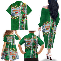 New Zealand Merry Christmas Family Matching Off The Shoulder Long Sleeve Dress and Hawaiian Shirt Maori Animals, Koru Tattoo - Green Xmas Style LT03 - Polynesian Pride