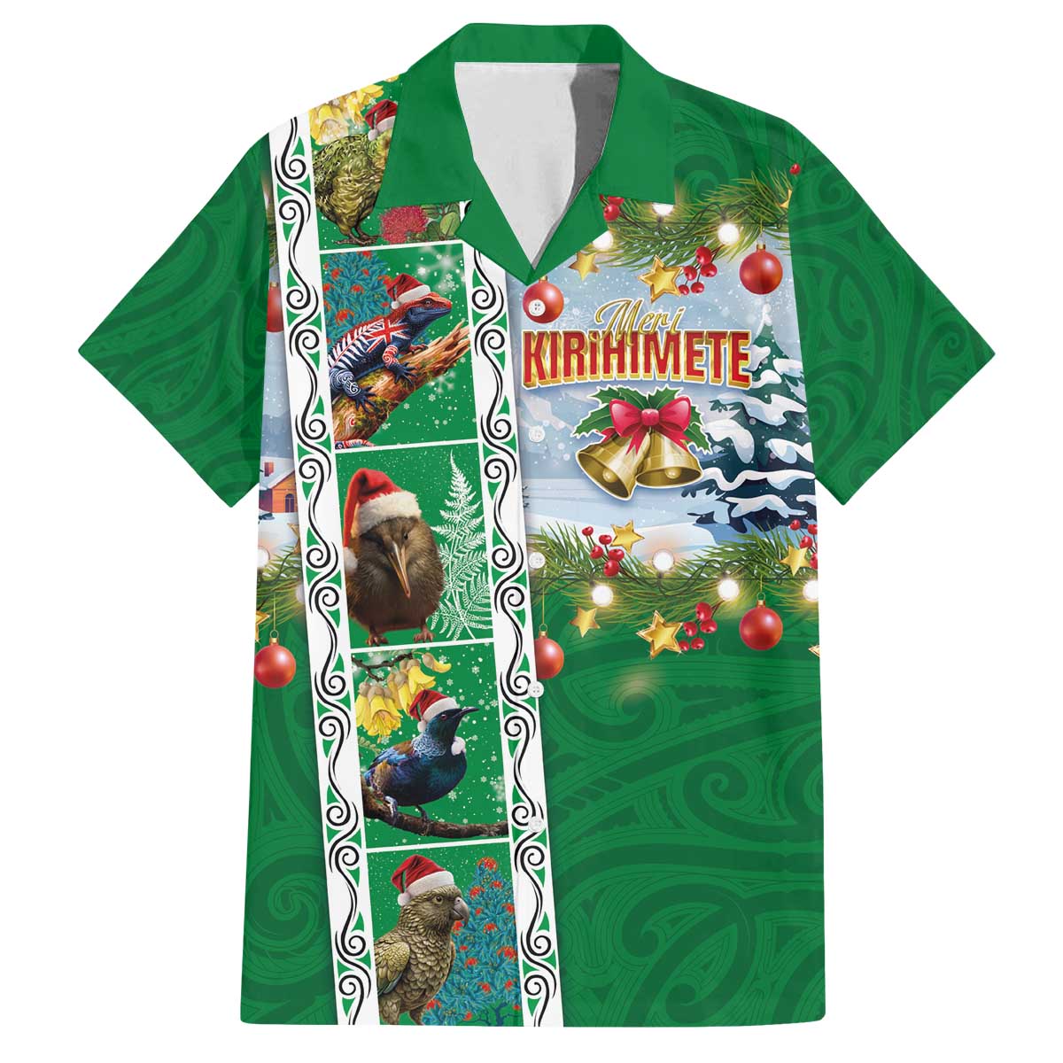 New Zealand Merry Christmas Family Matching Off The Shoulder Long Sleeve Dress and Hawaiian Shirt Maori Animals, Koru Tattoo - Green Xmas Style LT03 Dad's Shirt - Short Sleeve Green - Polynesian Pride