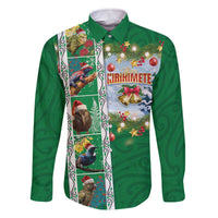 New Zealand Merry Christmas Family Matching Off The Shoulder Long Sleeve Dress and Hawaiian Shirt Maori Animals, Koru Tattoo - Green Xmas Style LT03 Dad's Shirt - Long Sleeve Green - Polynesian Pride