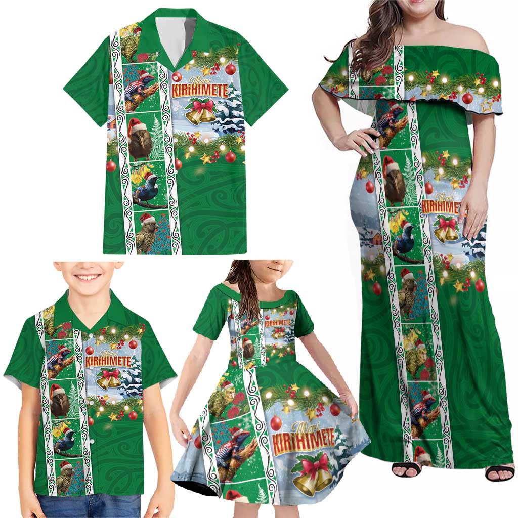 New Zealand Merry Christmas Family Matching Off Shoulder Maxi Dress and Hawaiian Shirt Maori Animals, Koru Tattoo - Green Xmas Style LT03 - Polynesian Pride
