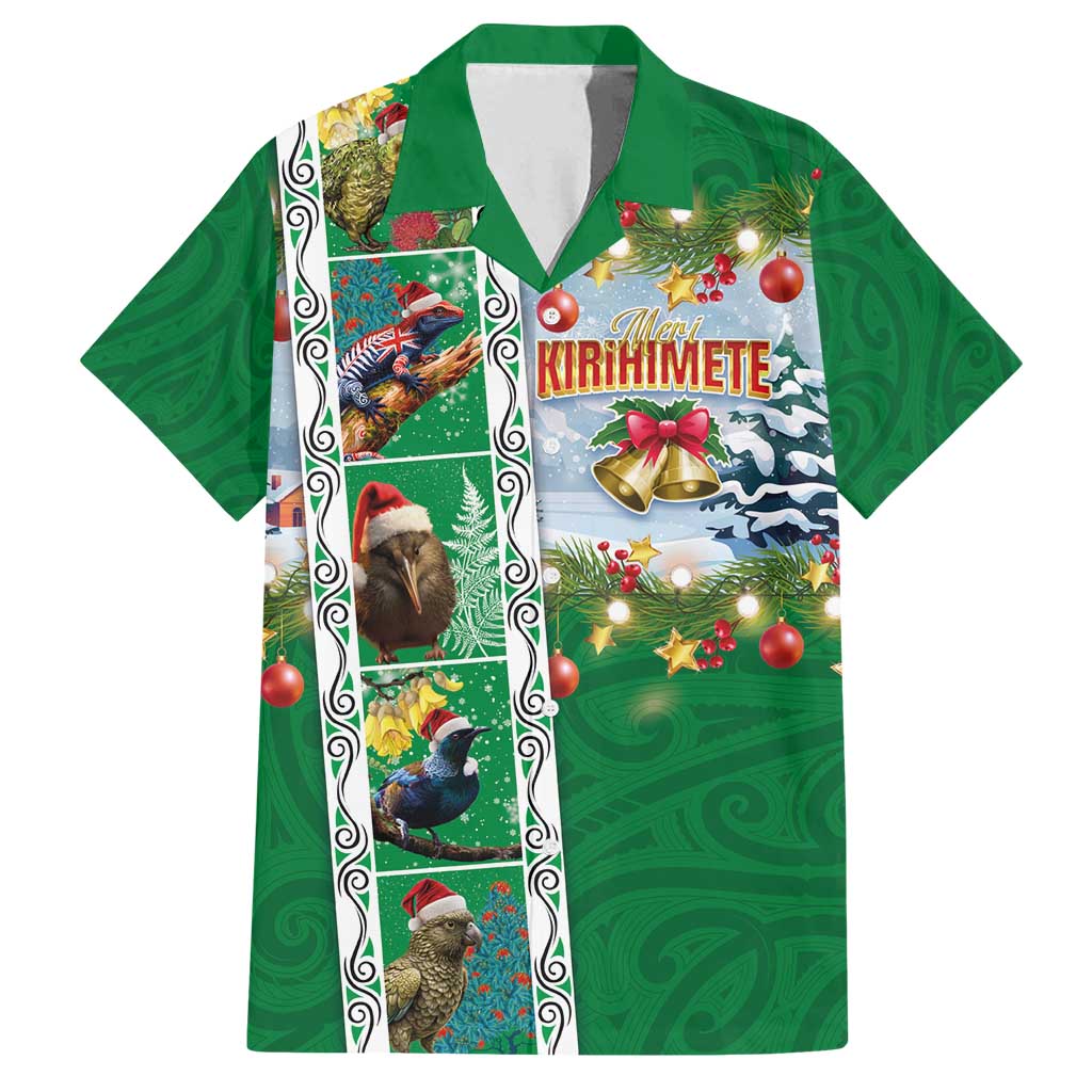 New Zealand Merry Christmas Family Matching Off Shoulder Maxi Dress and Hawaiian Shirt Maori Animals, Koru Tattoo - Green Xmas Style LT03 Dad's Shirt - Short Sleeve Green - Polynesian Pride