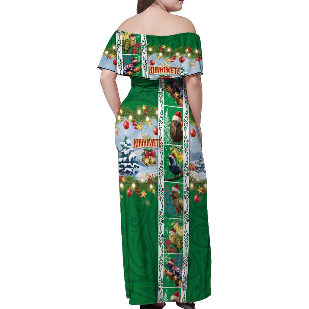 New Zealand Merry Christmas Family Matching Off Shoulder Maxi Dress and Hawaiian Shirt Maori Animals, Koru Tattoo - Green Xmas Style LT03 - Polynesian Pride