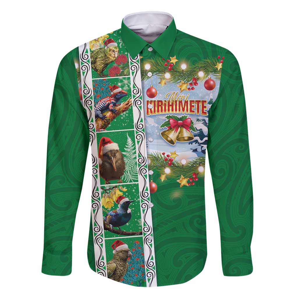 New Zealand Merry Christmas Family Matching Off Shoulder Short Dress and Hawaiian Shirt Maori Animals, Koru Tattoo - Green Xmas Style LT03 Dad's Shirt - Long Sleeve Green - Polynesian Pride