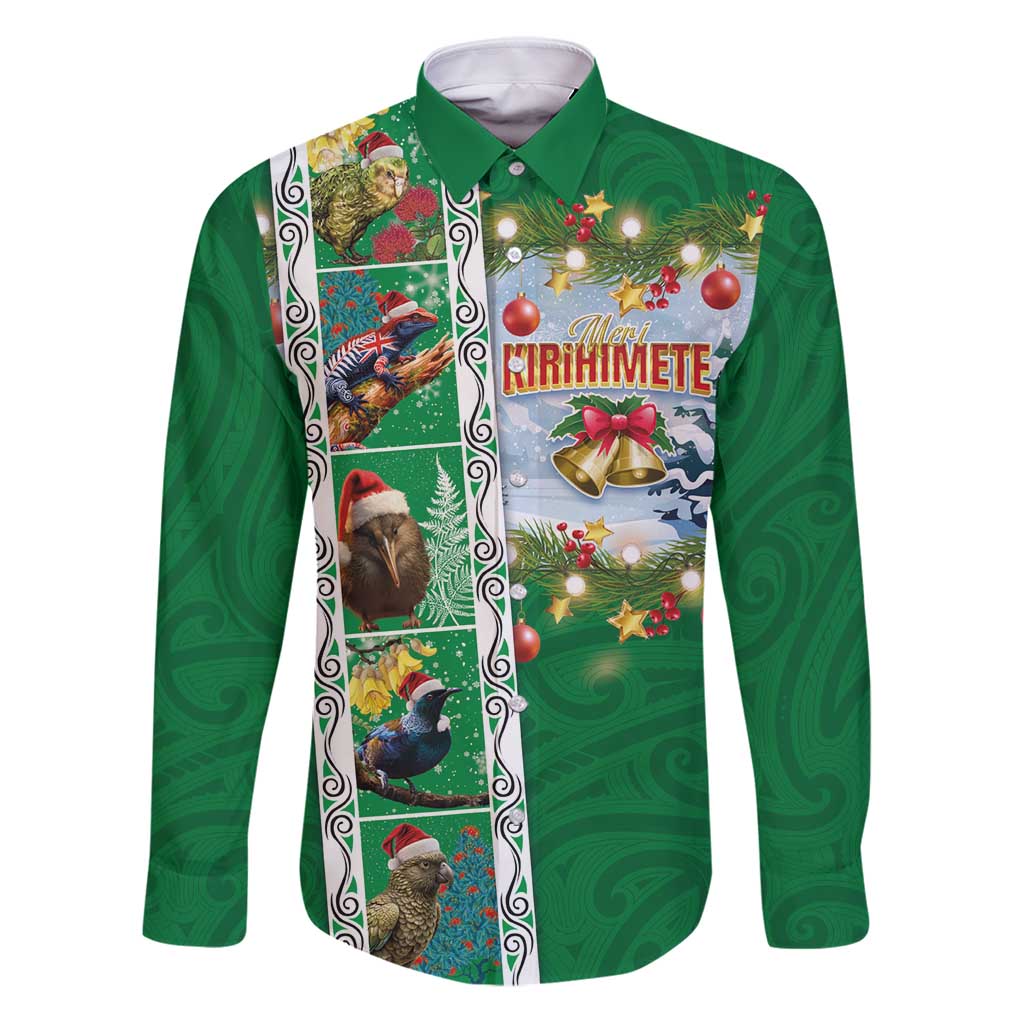 New Zealand Merry Christmas Family Matching Puletasi and Hawaiian Shirt Maori Animals, Koru Tattoo - Green Xmas Style LT03 Dad's Shirt - Long Sleeve Green - Polynesian Pride