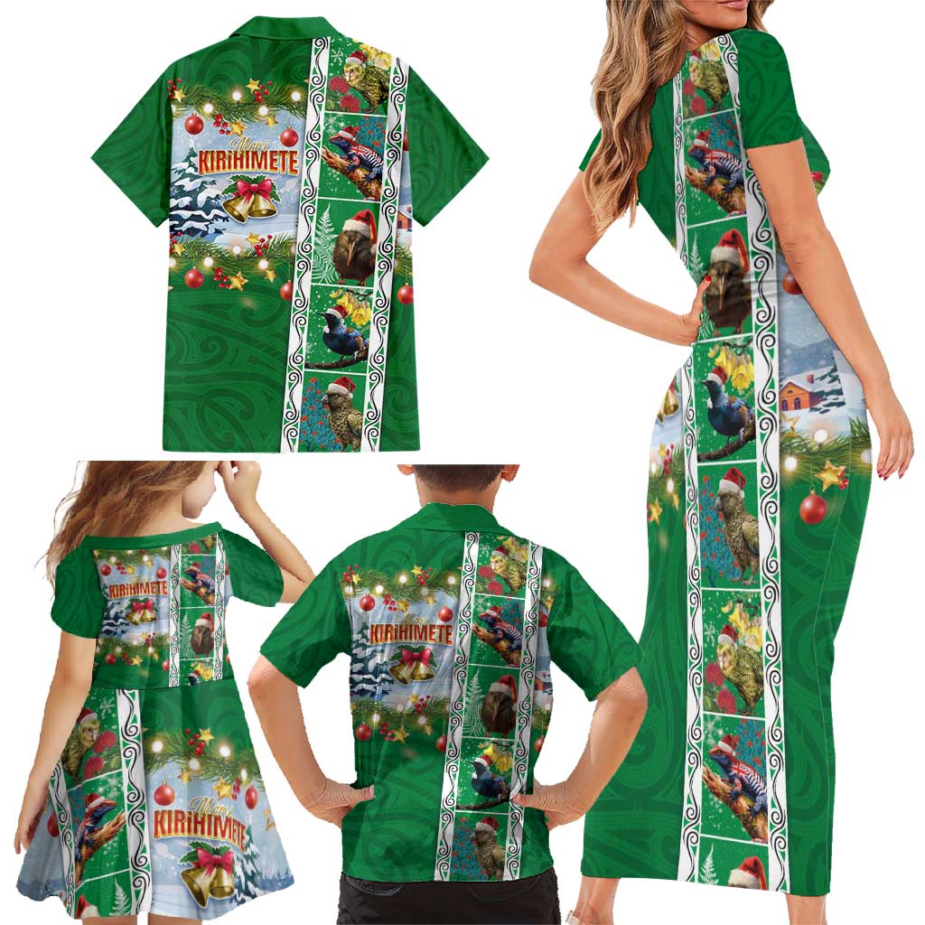 New Zealand Merry Christmas Family Matching Short Sleeve Bodycon Dress and Hawaiian Shirt Maori Animals, Koru Tattoo - Green Xmas Style LT03 - Polynesian Pride