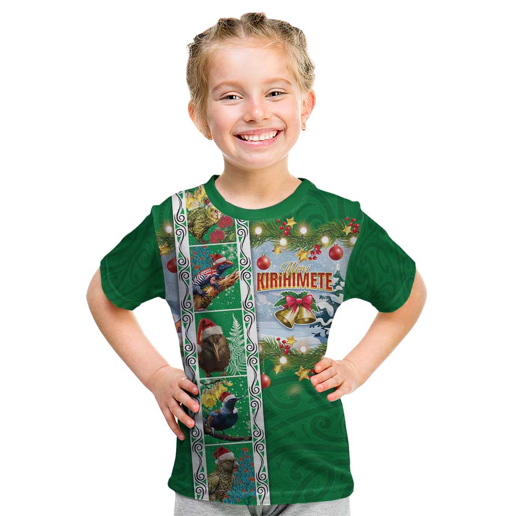 New Zealand Merry Christmas Kid T Shirt Maori Animals, Koru Tattoo - Green Xmas Style LT03 Green - Polynesian Pride