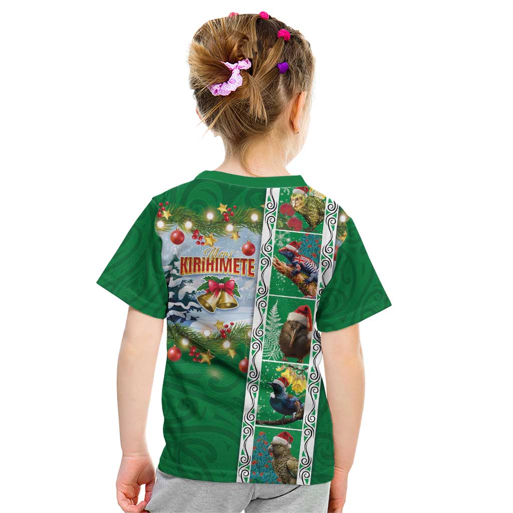 New Zealand Merry Christmas Kid T Shirt Maori Animals, Koru Tattoo - Green Xmas Style LT03 - Polynesian Pride