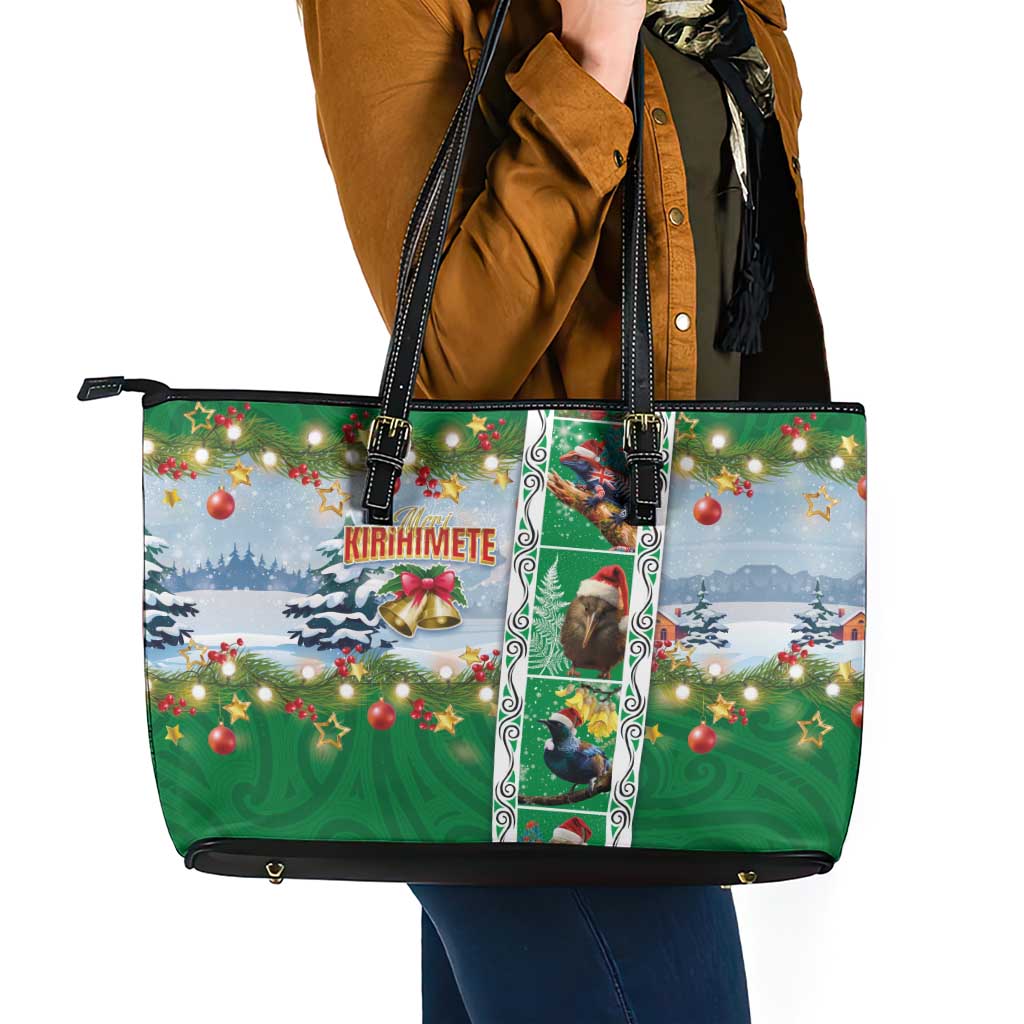 New Zealand Merry Christmas Leather Tote Bag Maori Animals, Koru Tattoo - Green Xmas Style LT03 - Polynesian Pride