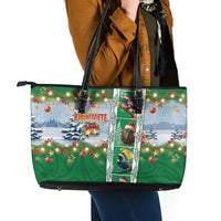 New Zealand Merry Christmas Leather Tote Bag Maori Animals, Koru Tattoo - Green Xmas Style LT03 - Polynesian Pride