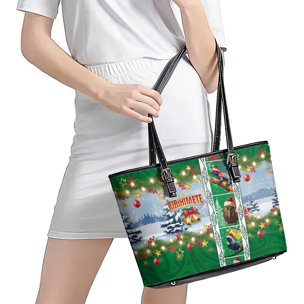 New Zealand Merry Christmas Leather Tote Bag Maori Animals, Koru Tattoo - Green Xmas Style LT03 - Polynesian Pride