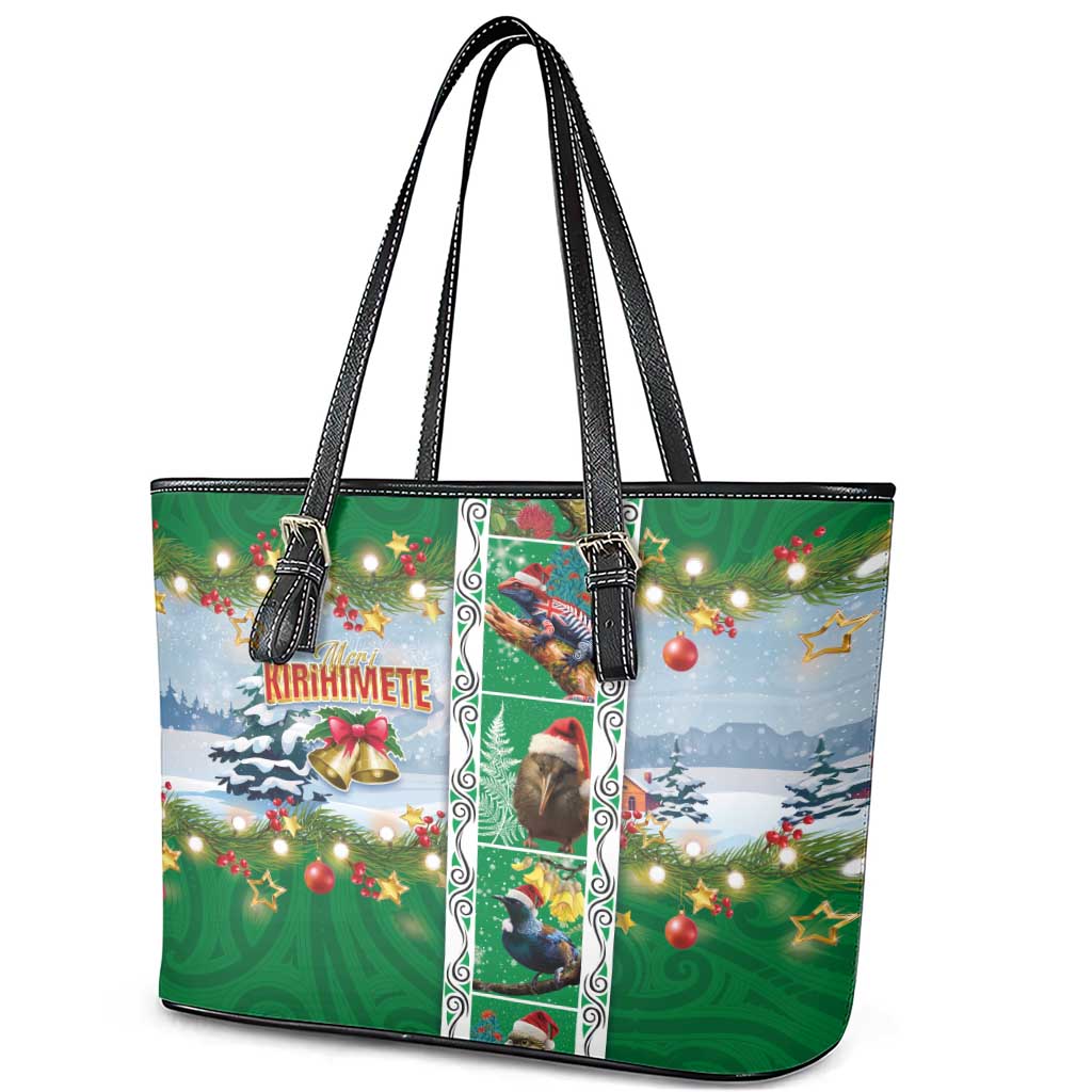 New Zealand Merry Christmas Leather Tote Bag Maori Animals, Koru Tattoo - Green Xmas Style LT03 - Polynesian Pride