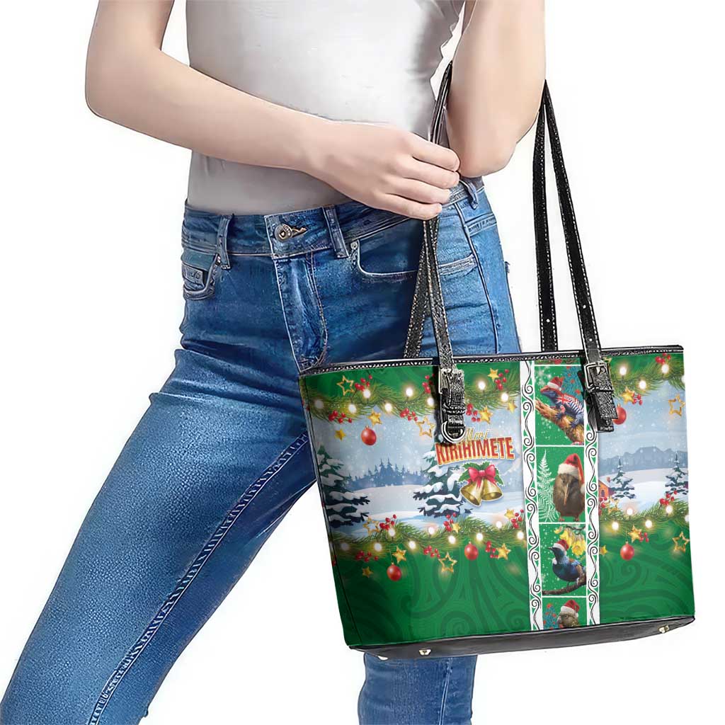 New Zealand Merry Christmas Leather Tote Bag Maori Animals, Koru Tattoo - Green Xmas Style LT03 - Polynesian Pride