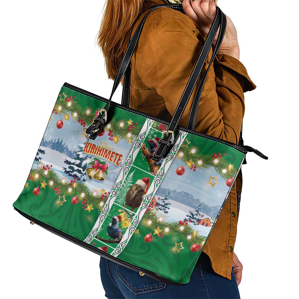 New Zealand Merry Christmas Leather Tote Bag Maori Animals, Koru Tattoo - Green Xmas Style LT03 - Polynesian Pride
