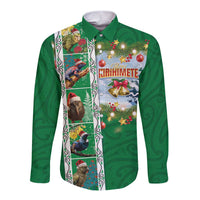 New Zealand Merry Christmas Long Sleeve Button Shirt Maori Animals, Koru Tattoo - Green Xmas Style LT03 Unisex Green - Polynesian Pride
