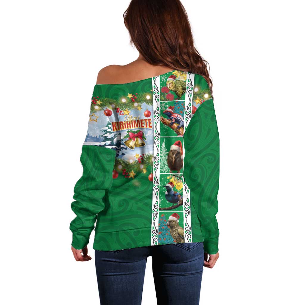 New Zealand Merry Christmas Off Shoulder Sweater Maori Animals, Koru Tattoo - Green Xmas Style LT03 - Polynesian Pride