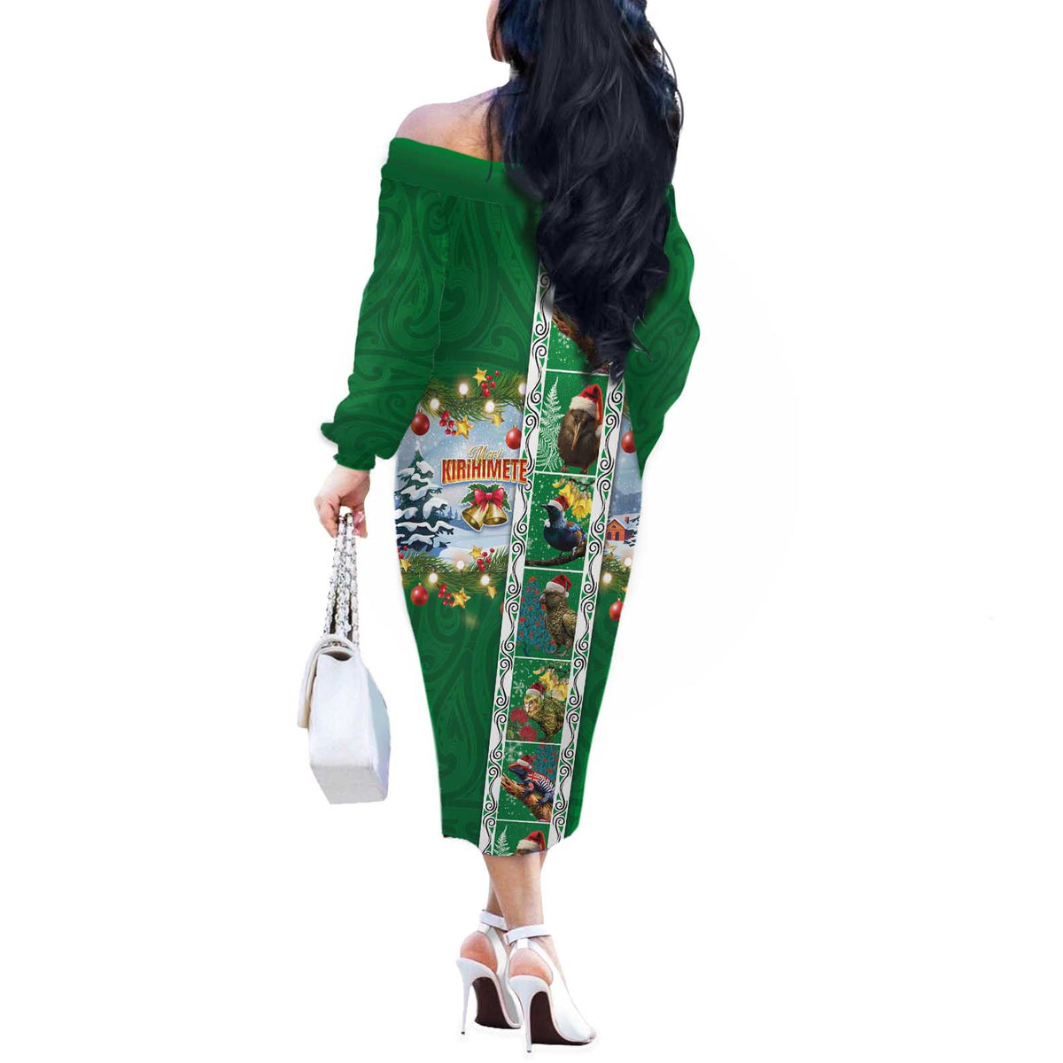 New Zealand Merry Christmas Off The Shoulder Long Sleeve Dress Maori Animals, Koru Tattoo - Green Xmas Style LT03 - Polynesian Pride