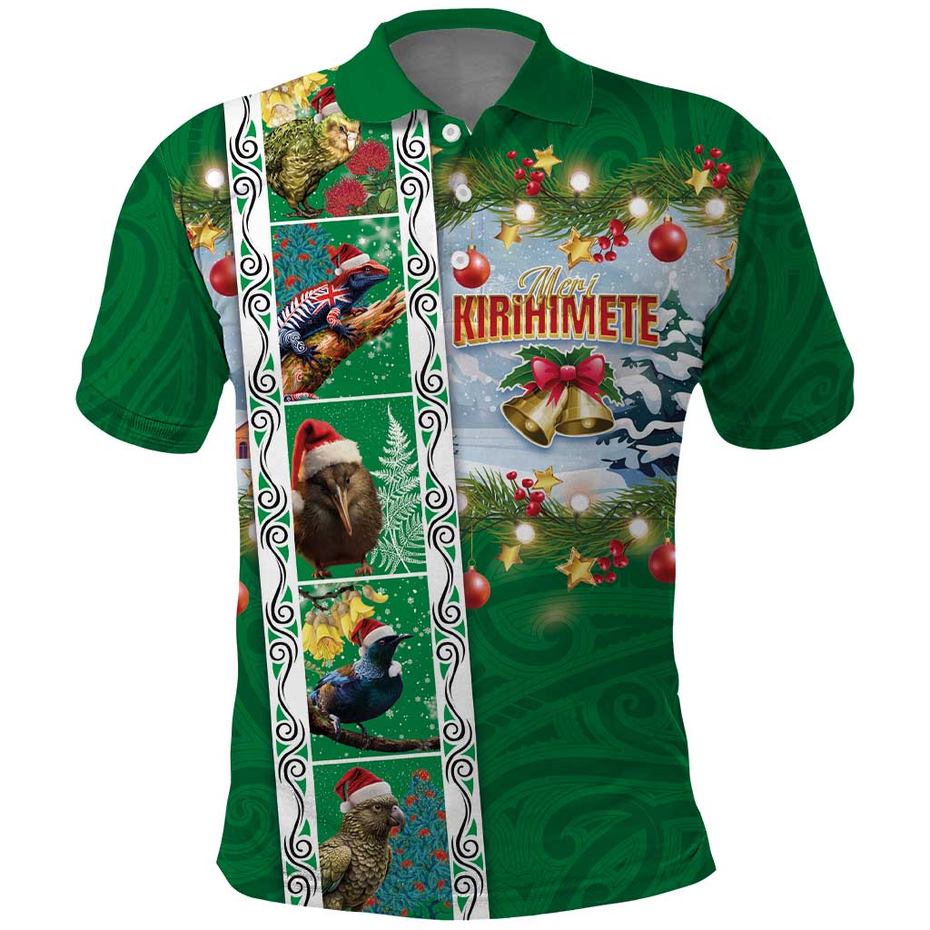 New Zealand Merry Christmas Polo Shirt Maori Animals, Koru Tattoo - Green Xmas Style LT03 Green - Polynesian Pride