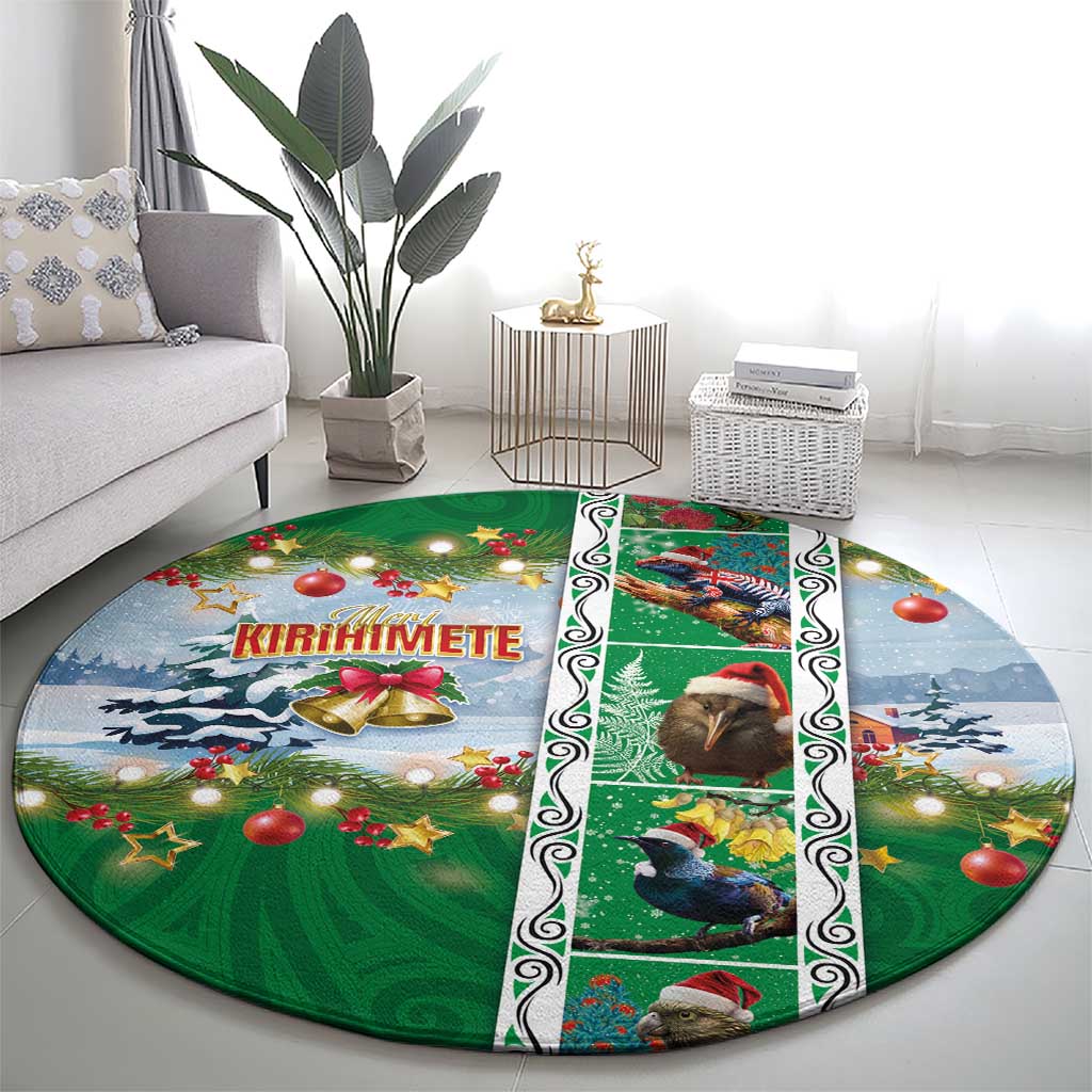 New Zealand Merry Christmas Round Carpet Maori Animals, Koru Tattoo - Green Xmas Style LT03 - Polynesian Pride