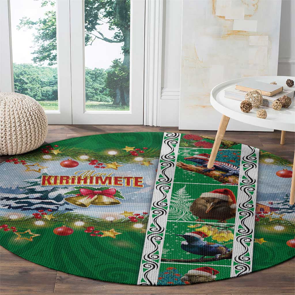 New Zealand Merry Christmas Round Carpet Maori Animals, Koru Tattoo - Green Xmas Style LT03 - Polynesian Pride