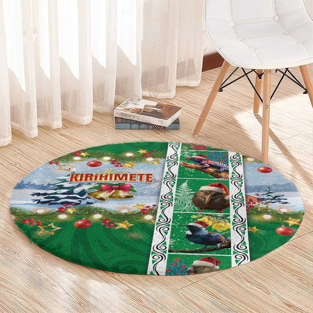New Zealand Merry Christmas Round Carpet Maori Animals, Koru Tattoo - Green Xmas Style LT03 - Polynesian Pride