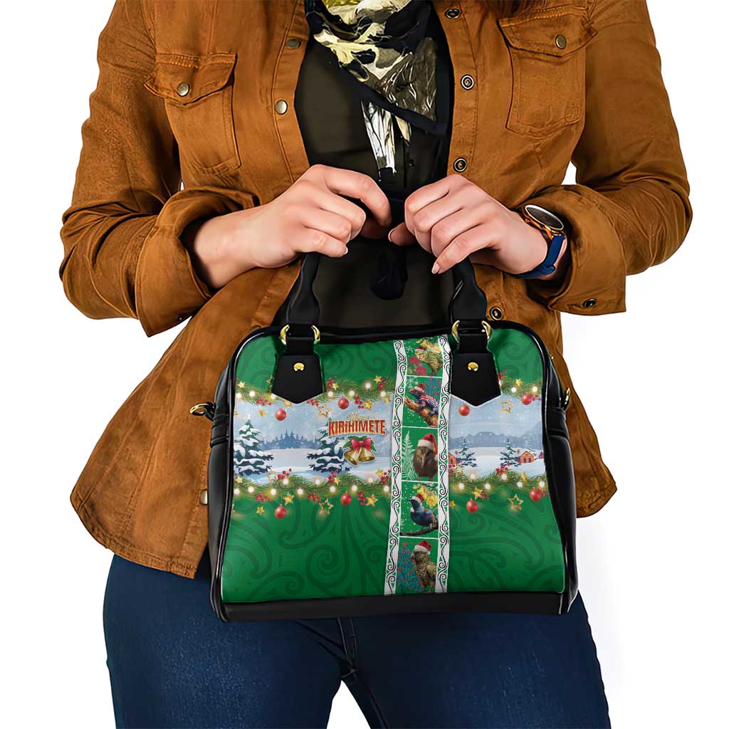 New Zealand Merry Christmas Shoulder Handbag Maori Animals, Koru Tattoo - Green Xmas Style LT03 - Polynesian Pride