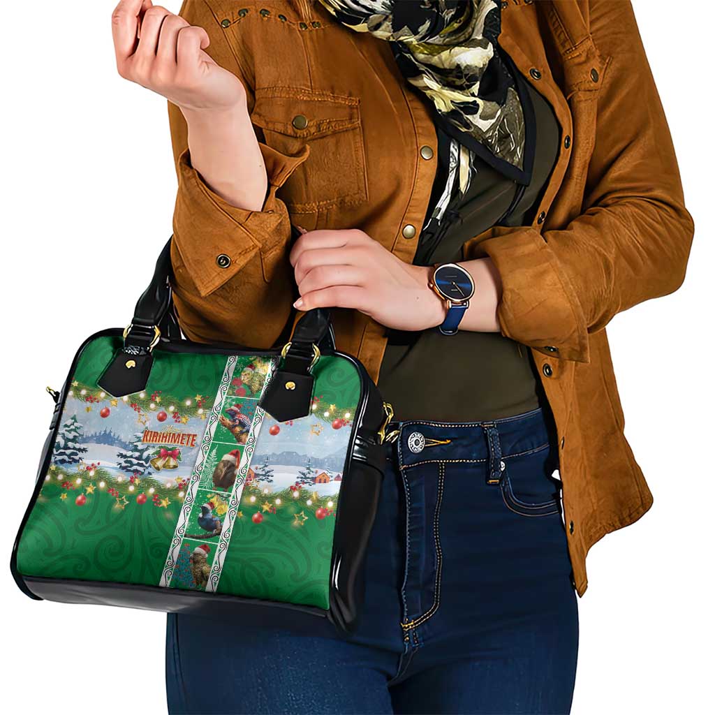 New Zealand Merry Christmas Shoulder Handbag Maori Animals, Koru Tattoo - Green Xmas Style LT03 - Polynesian Pride