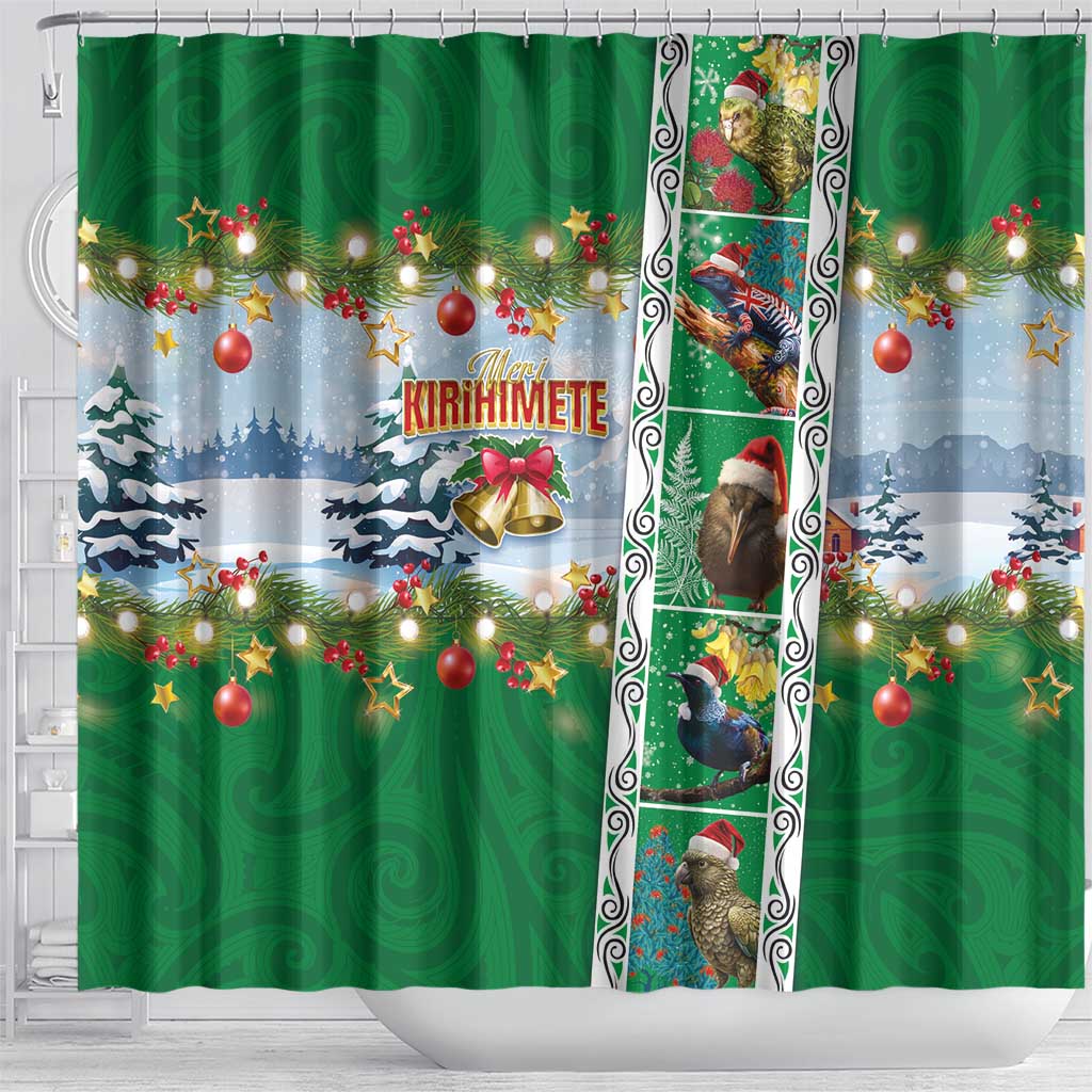 New Zealand Merry Christmas Shower Curtain Maori Animals, Koru Tattoo - Green Xmas Style LT03 - Polynesian Pride