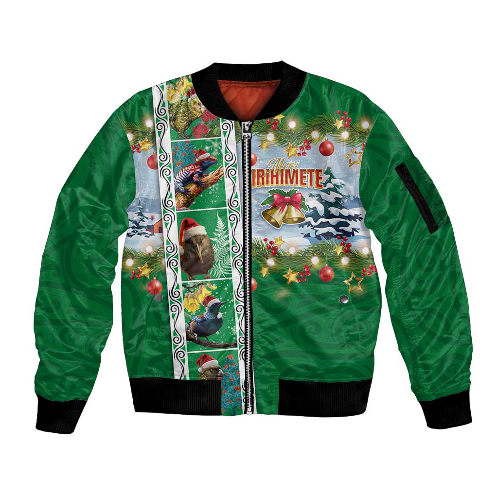 New Zealand Merry Christmas Sleeve Zip Bomber Jacket Maori Animals, Koru Tattoo - Green Xmas Style LT03 Unisex Green - Polynesian Pride