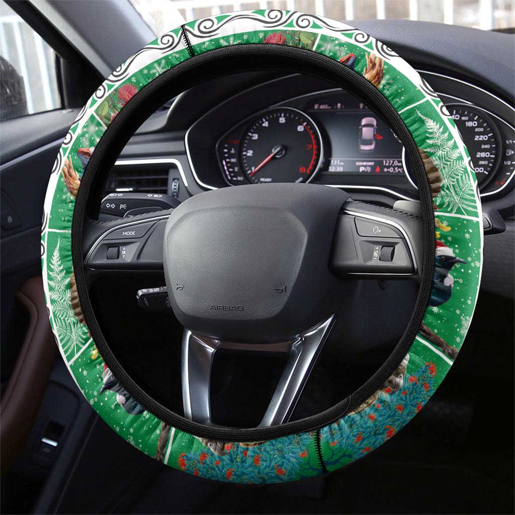 New Zealand Merry Christmas Steering Wheel Cover Maori Animals, Koru Tattoo - Green Xmas Style LT03 - Polynesian Pride