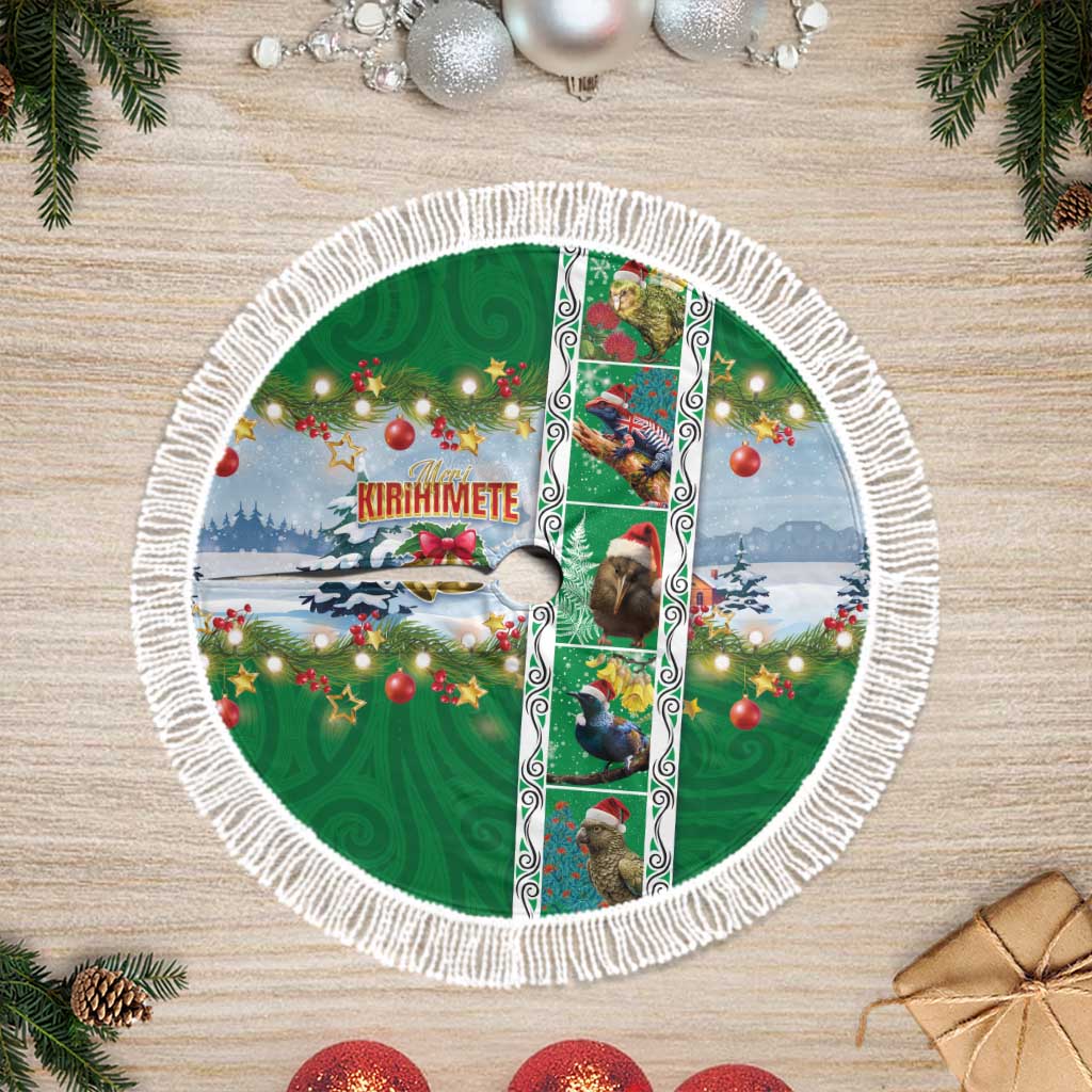 New Zealand Merry Christmas Tree Skirt Maori Animals, Koru Tattoo - Green Xmas Style LT03 Fringed Green - Polynesian Pride