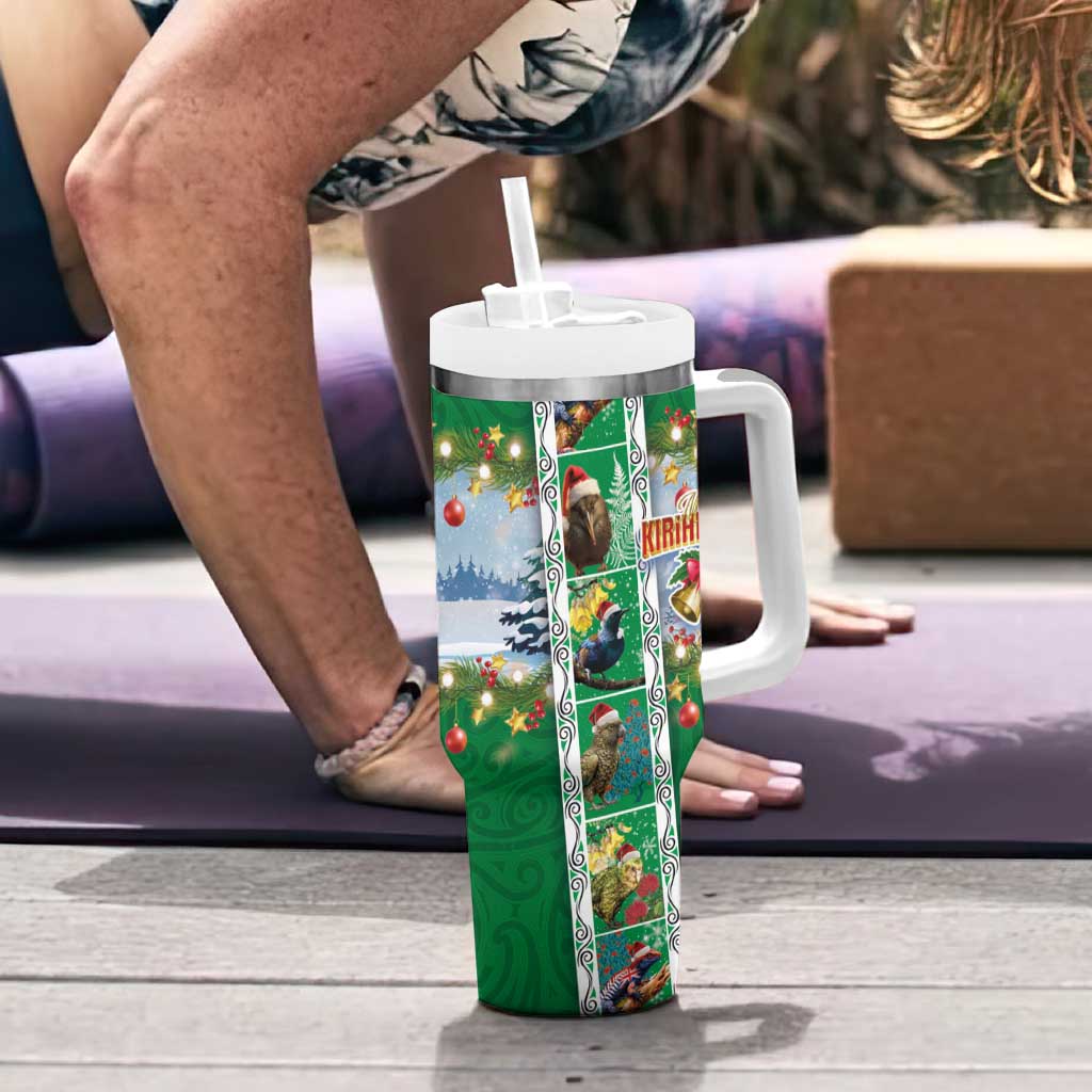 New Zealand Merry Christmas Tumbler With Handle Maori Animals Xmas Style and Koru Tattoo Green Color LT03 - Polynesian Pride