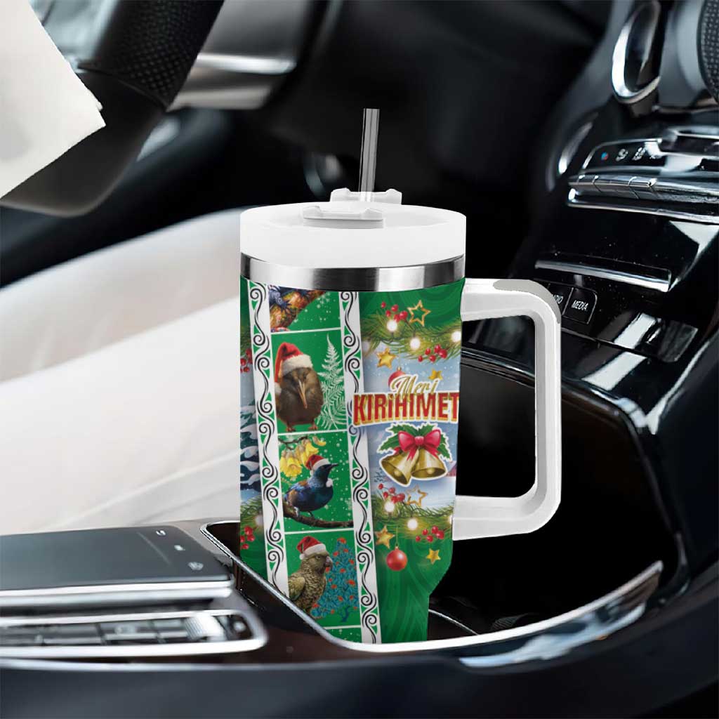New Zealand Merry Christmas Tumbler With Handle Maori Animals Xmas Style and Koru Tattoo Green Color LT03 - Polynesian Pride
