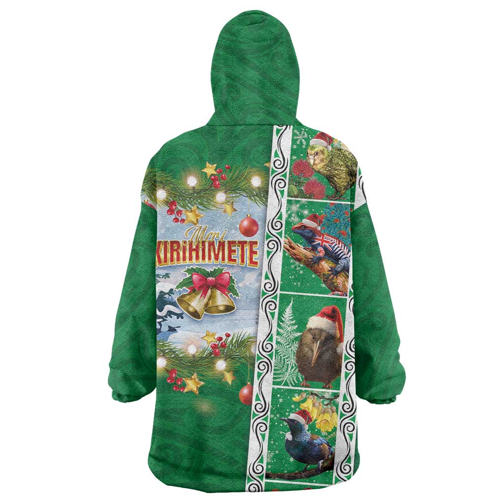 New Zealand Merry Christmas Wearable Blanket Hoodie Maori Animals, Koru Tattoo - Green Xmas Style LT03 - Polynesian Pride