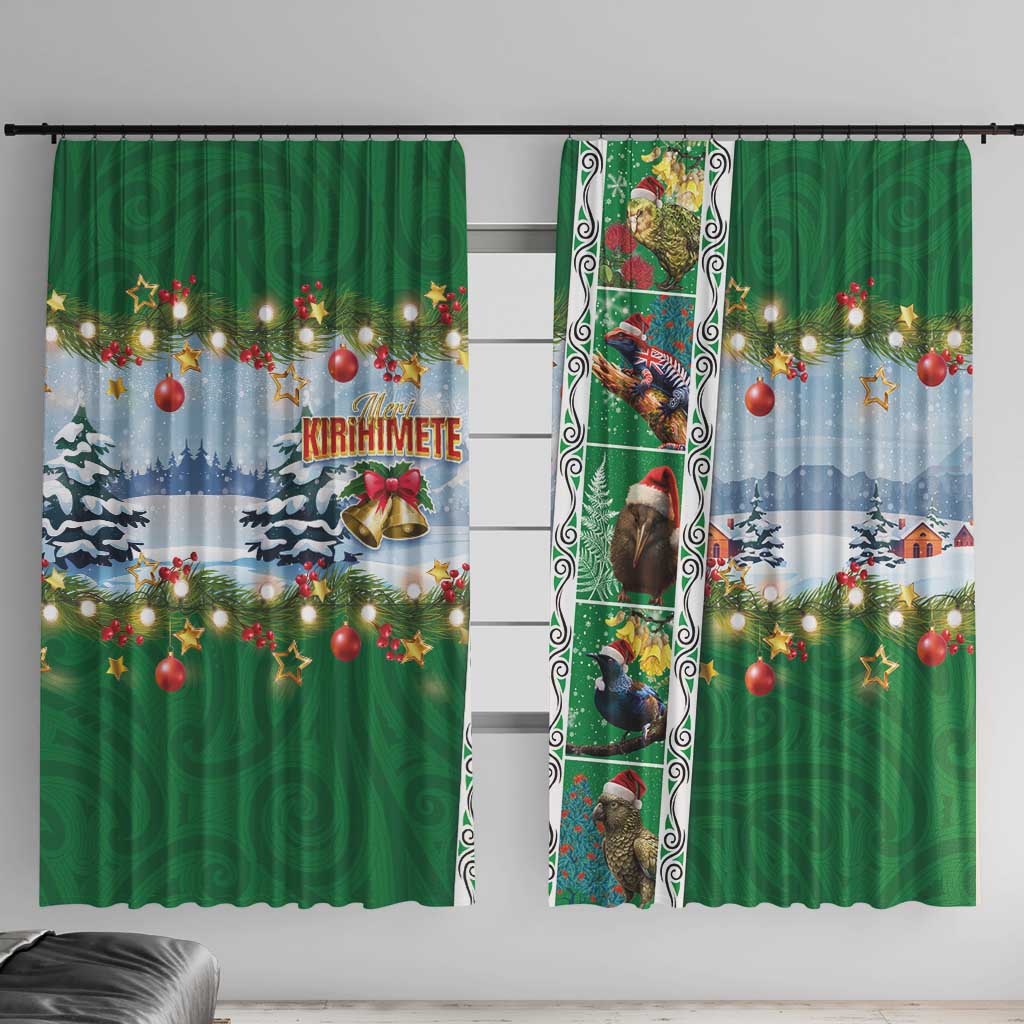 New Zealand Merry Christmas Window Curtain Maori Animals, Koru Tattoo - Green Xmas Style LT03 With Hooks Green - Polynesian Pride