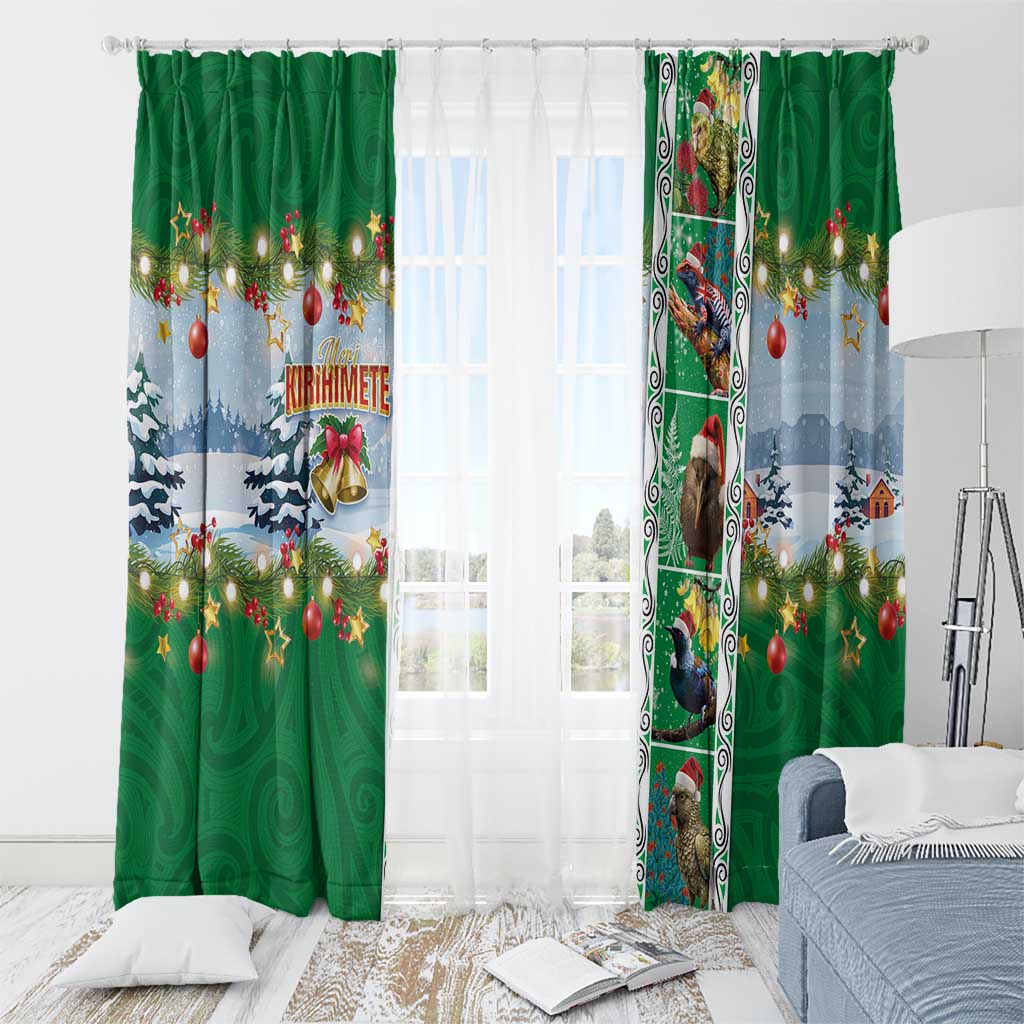 New Zealand Merry Christmas Window Curtain Maori Animals, Koru Tattoo - Green Xmas Style LT03 - Polynesian Pride