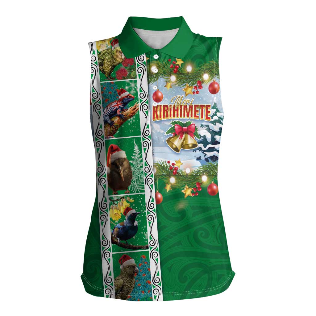 New Zealand Merry Christmas Women Sleeveless Polo Shirt Maori Animals, Koru Tattoo - Green Xmas Style LT03 Female Green - Polynesian Pride