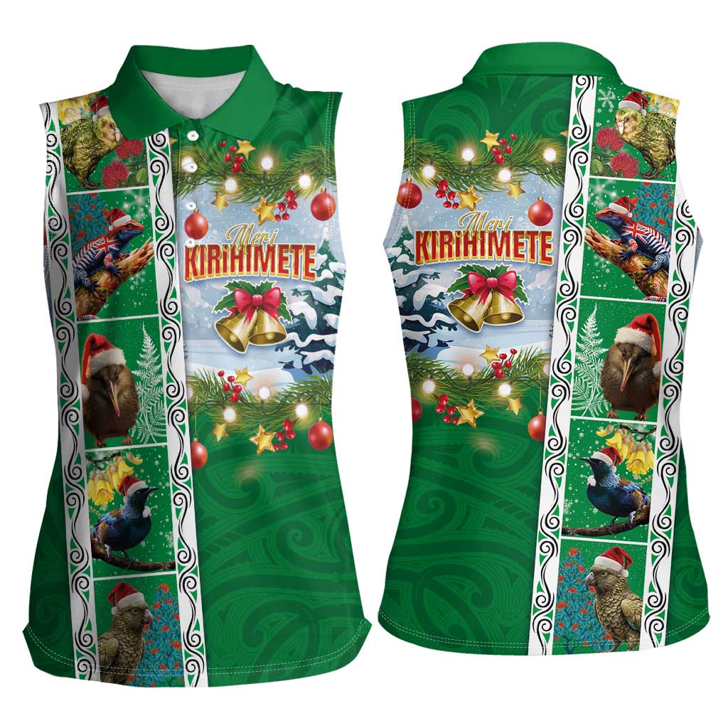 New Zealand Merry Christmas Women Sleeveless Polo Shirt Maori Animals, Koru Tattoo - Green Xmas Style LT03 - Polynesian Pride