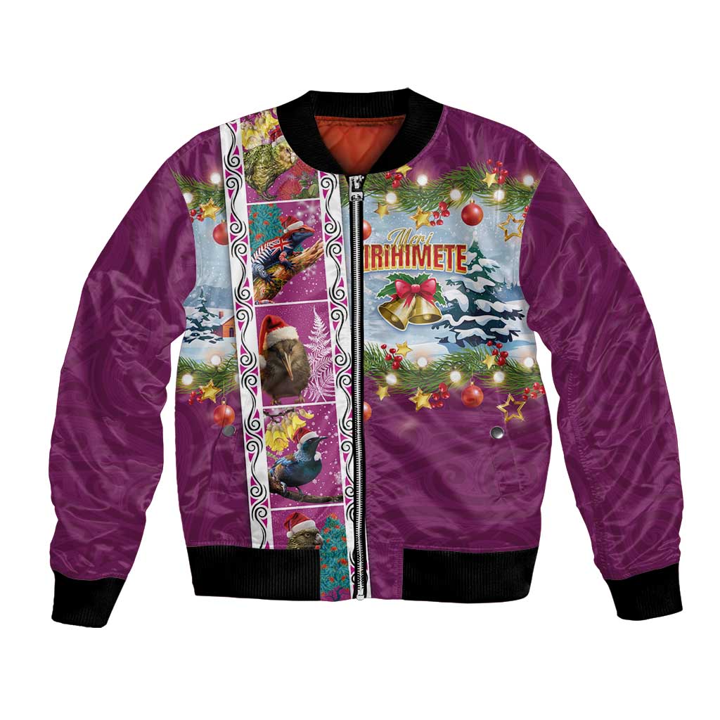 New Zealand Merry Christmas Bomber Jacket Maori Animals, Koru Tattoo - Pink Xmas Style LT03 Unisex Pink - Polynesian Pride