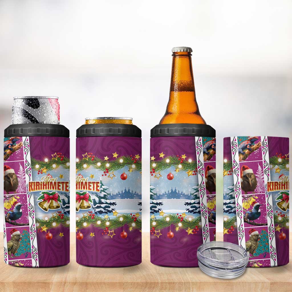 New Zealand Merry Christmas 4 in 1 Can Cooler Tumbler Maori Animals Xmas Style and Koru Tattoo Pink Color LT03 - Polynesian Pride