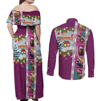 New Zealand Merry Christmas Couples Matching Off Shoulder Maxi Dress and Long Sleeve Button Shirt Maori Animals, Koru Tattoo - Pink Xmas Style LT03 - Polynesian Pride