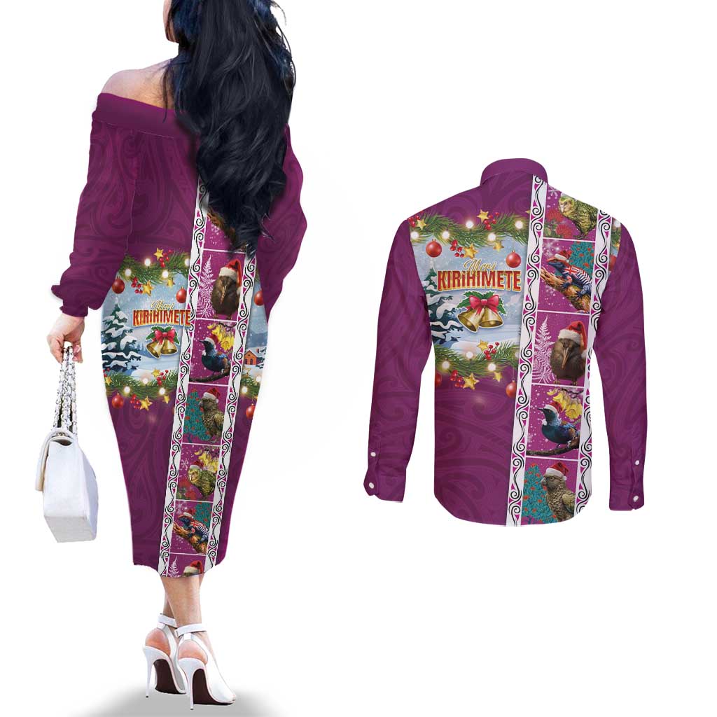New Zealand Merry Christmas Couples Matching Off The Shoulder Long Sleeve Dress and Long Sleeve Button Shirt Maori Animals, Koru Tattoo - Pink Xmas Style LT03 - Polynesian Pride