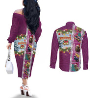 New Zealand Merry Christmas Couples Matching Off The Shoulder Long Sleeve Dress and Long Sleeve Button Shirt Maori Animals, Koru Tattoo - Pink Xmas Style LT03 - Polynesian Pride