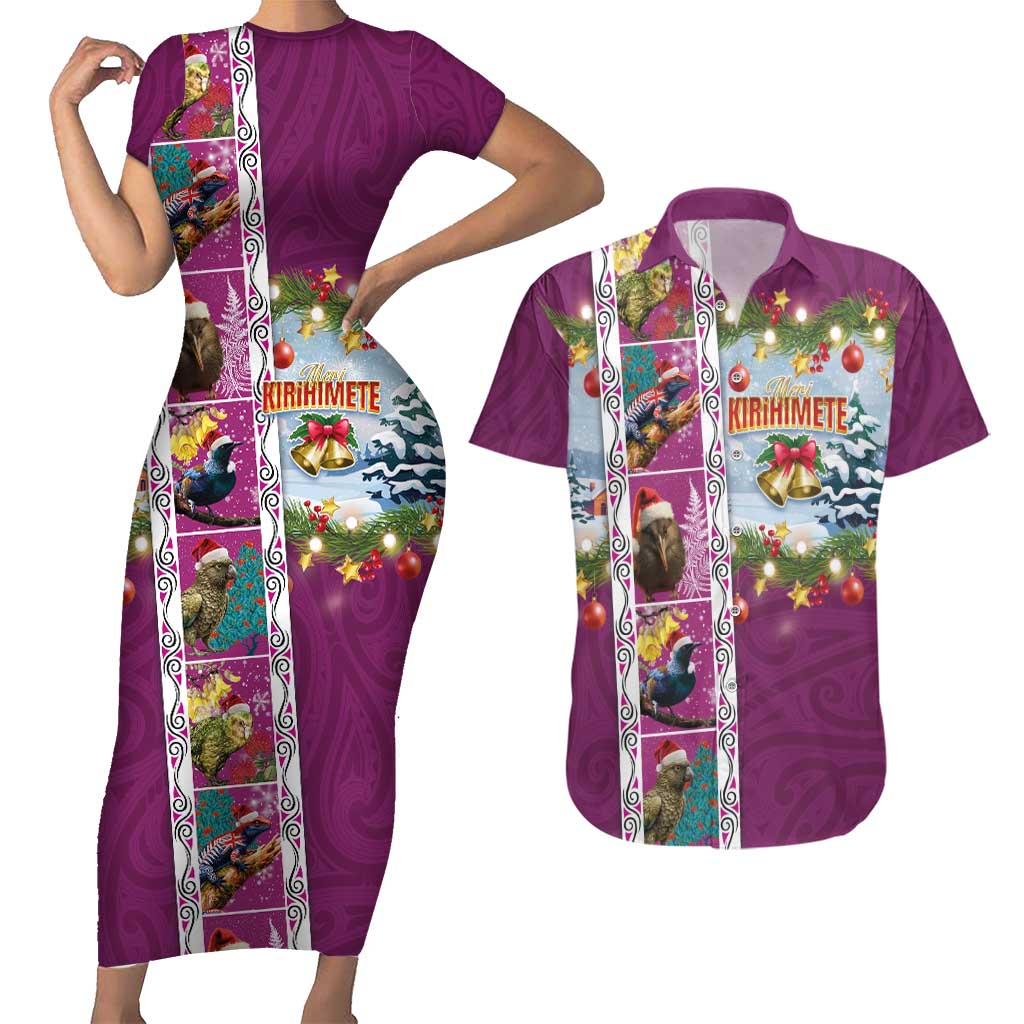New Zealand Merry Christmas Couples Matching Short Sleeve Bodycon Dress and Hawaiian Shirt Maori Animals, Koru Tattoo - Pink Xmas Style LT03 Pink - Polynesian Pride