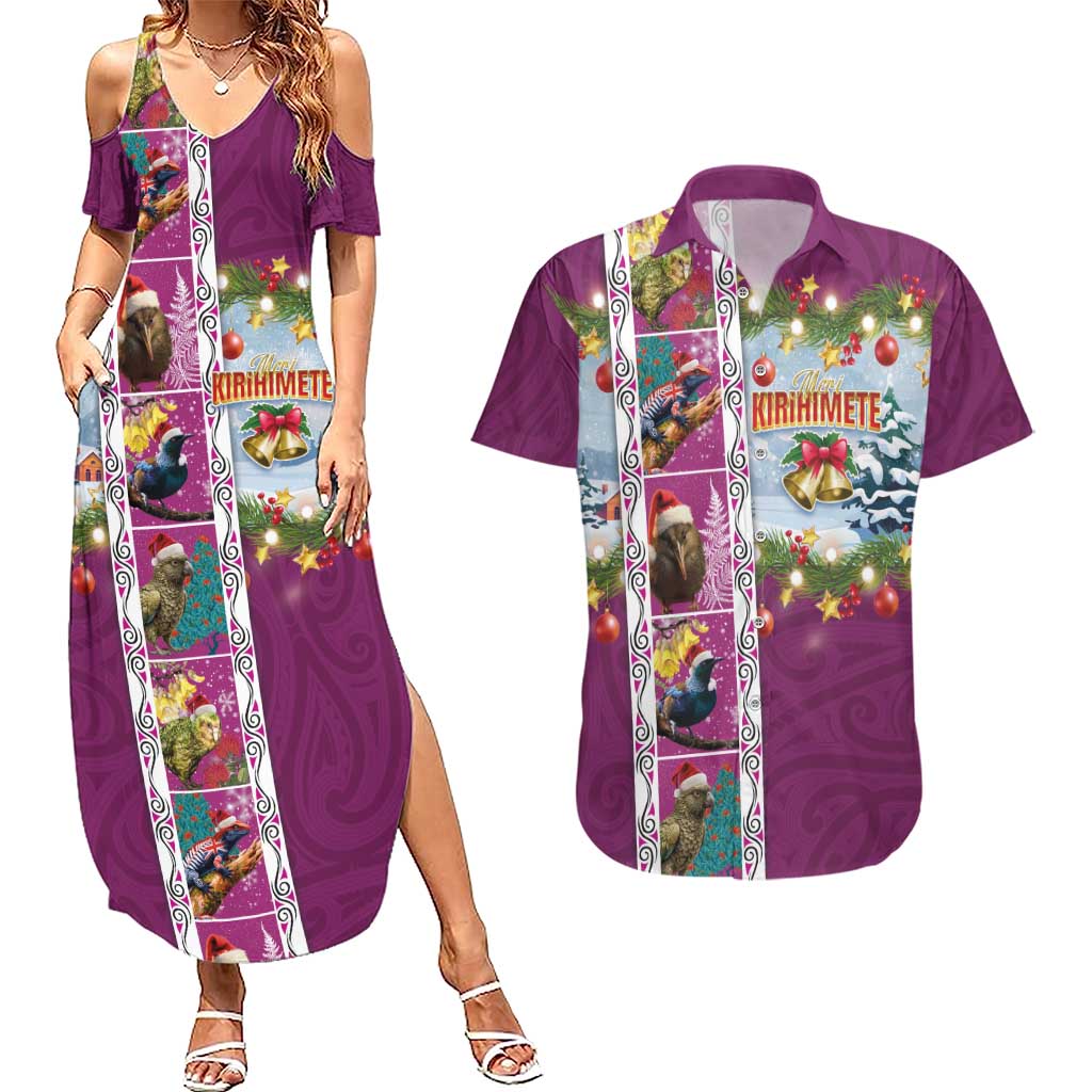 New Zealand Merry Christmas Couples Matching Summer Maxi Dress and Hawaiian Shirt Maori Animals, Koru Tattoo - Pink Xmas Style LT03 Pink - Polynesian Pride