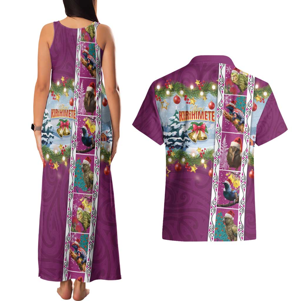 New Zealand Merry Christmas Couples Matching Tank Maxi Dress and Hawaiian Shirt Maori Animals, Koru Tattoo - Pink Xmas Style LT03 - Polynesian Pride