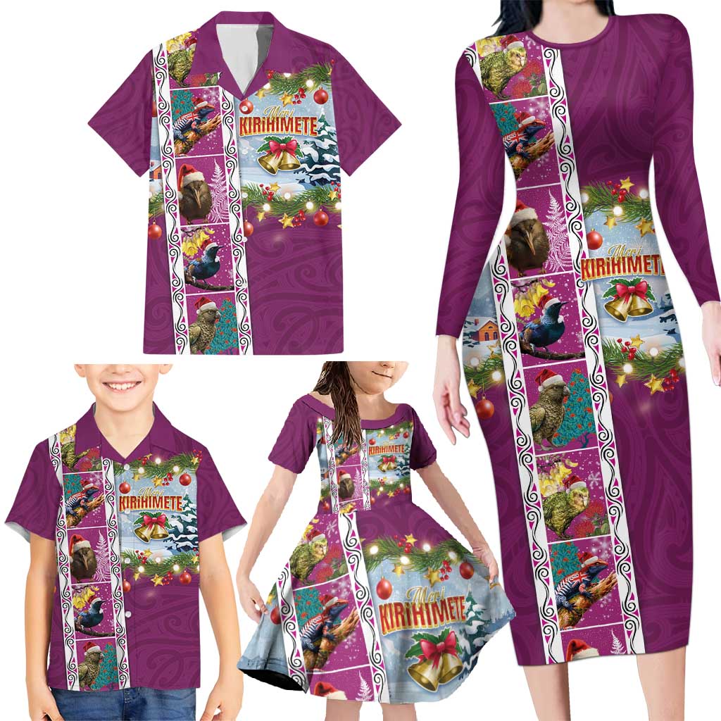 New Zealand Merry Christmas Family Matching Long Sleeve Bodycon Dress and Hawaiian Shirt Maori Animals, Koru Tattoo - Pink Xmas Style LT03 - Polynesian Pride